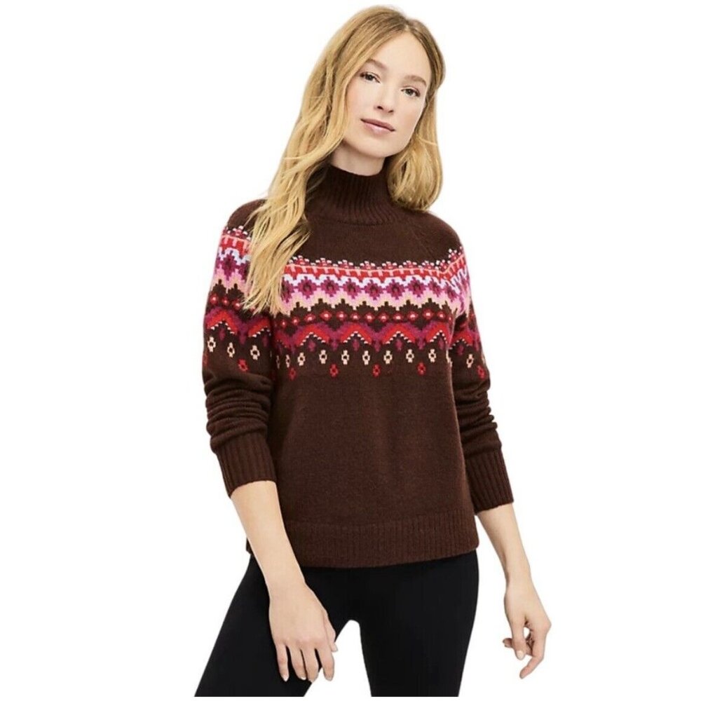 NWT Lou & Grey Fair Isle Pullover Mock Neck Sweater Brown Womens Size Small S